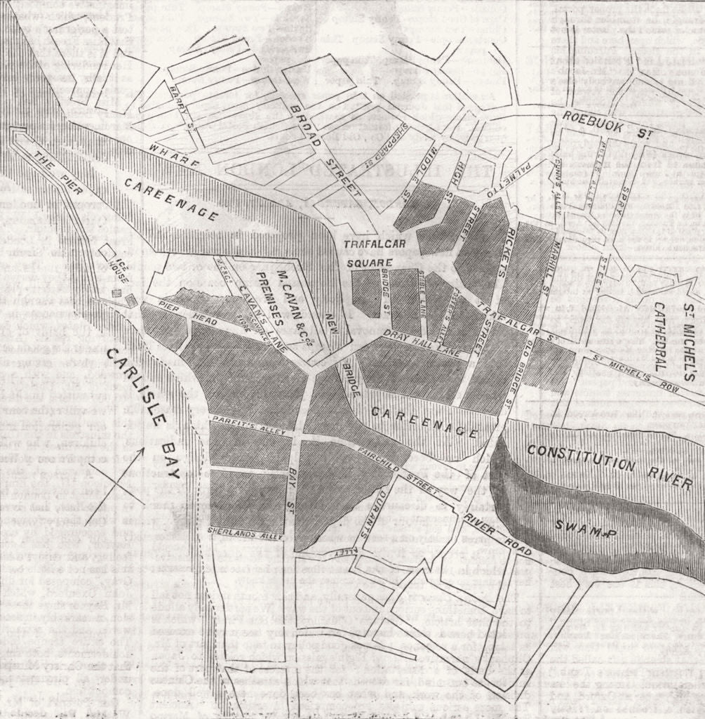 BARBADOS. Bridgetown, fire damaged area 1860 old antique map plan chart